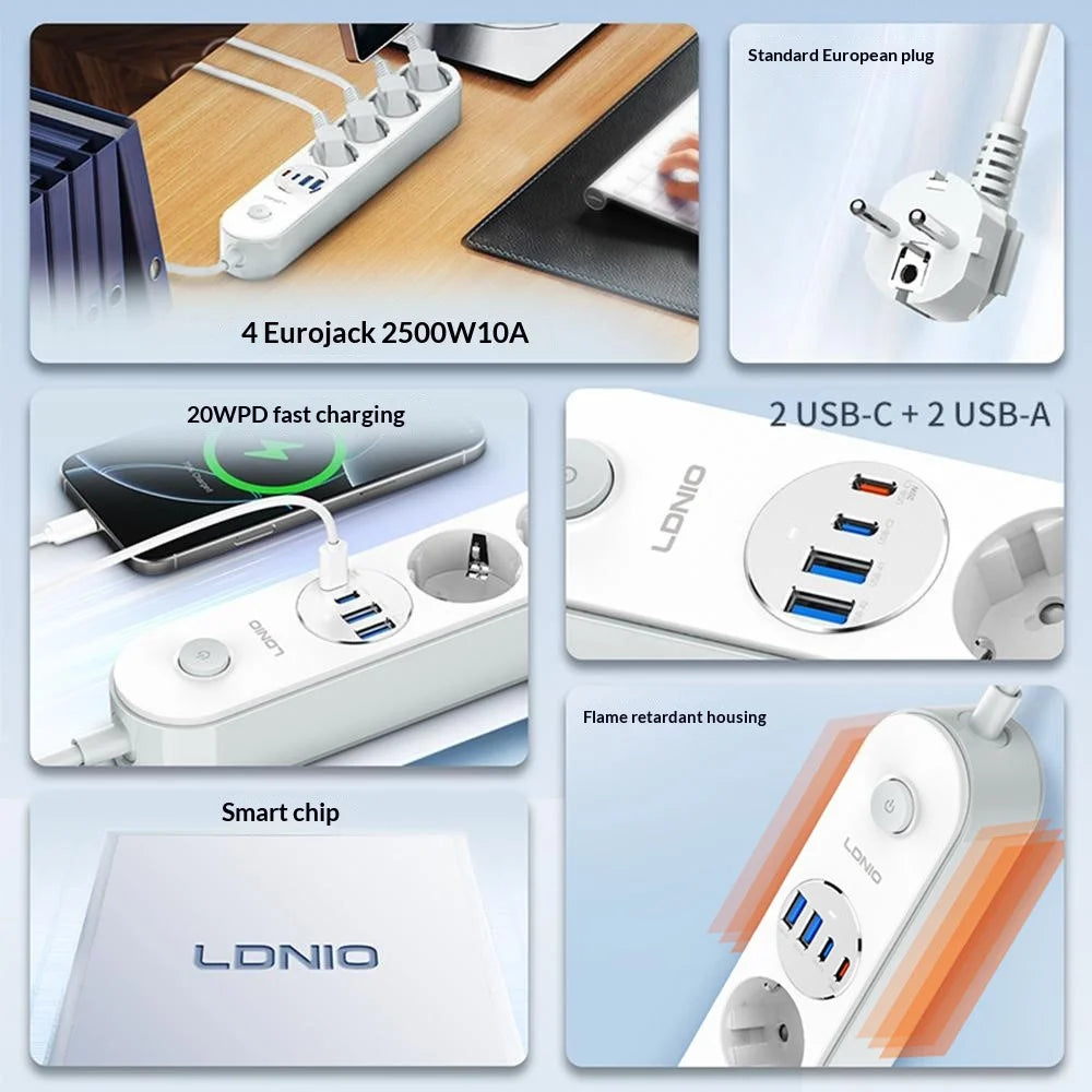 LDNIO SE1-C 20W PD Fast Charging Power Strip 4 EU Plug AC Outlets 4 USB Ports Extension Power Socket for Office Desktop - White / EU Plug - 3
