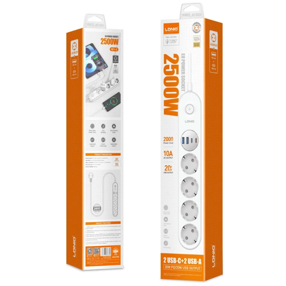 LDNIO SE1-C 20W PD Fast Charging Power Strip 4 EU Plug AC Outlets 4 USB Ports Extension Power Socket for Office Desktop - White / EU Plug - 5