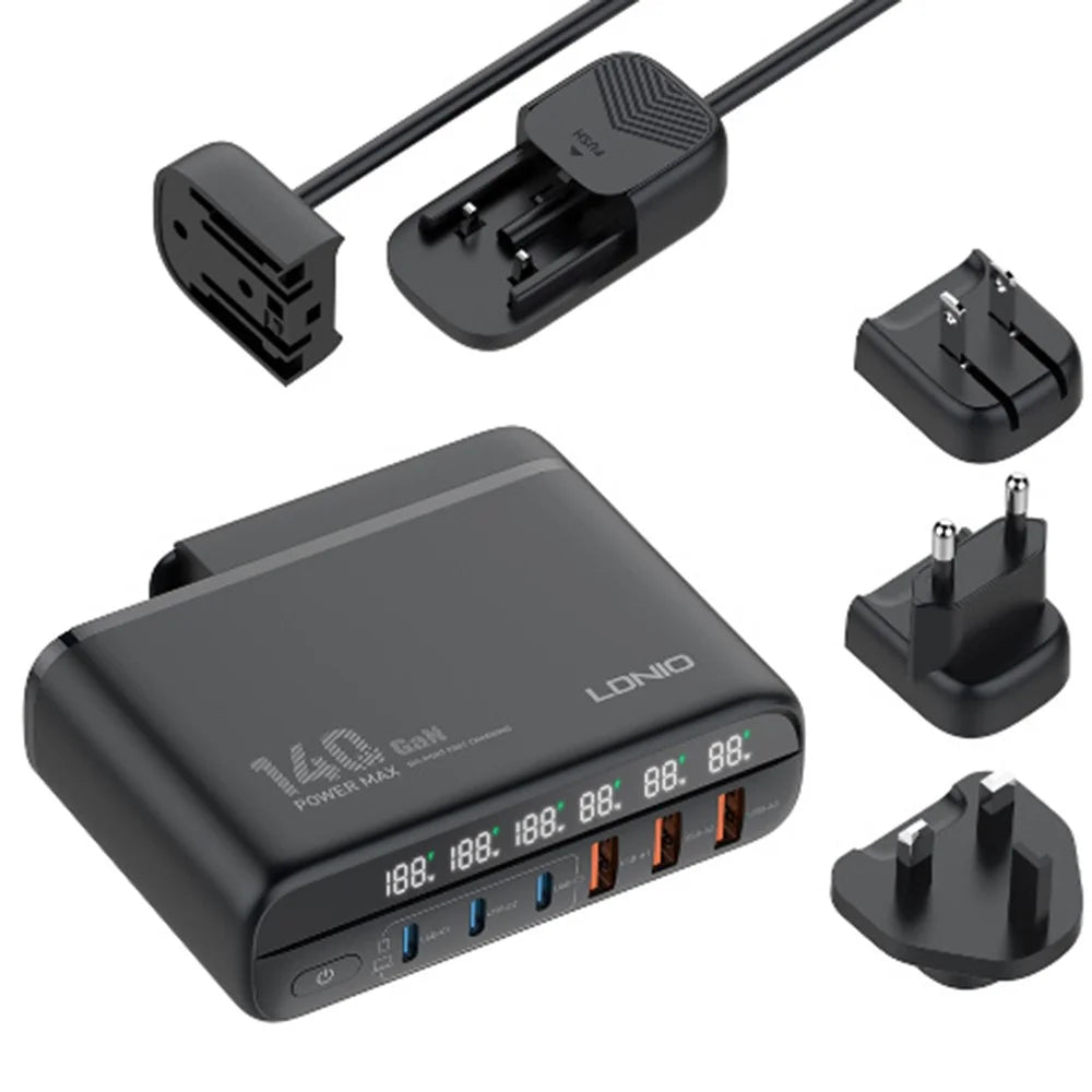 LDNIO A6140C 140W GaN Charger Digital Display 6 USB Ports Fast Charging Station with 3Pcs Replaceable Plugs for Laptop Phone - Black - 1