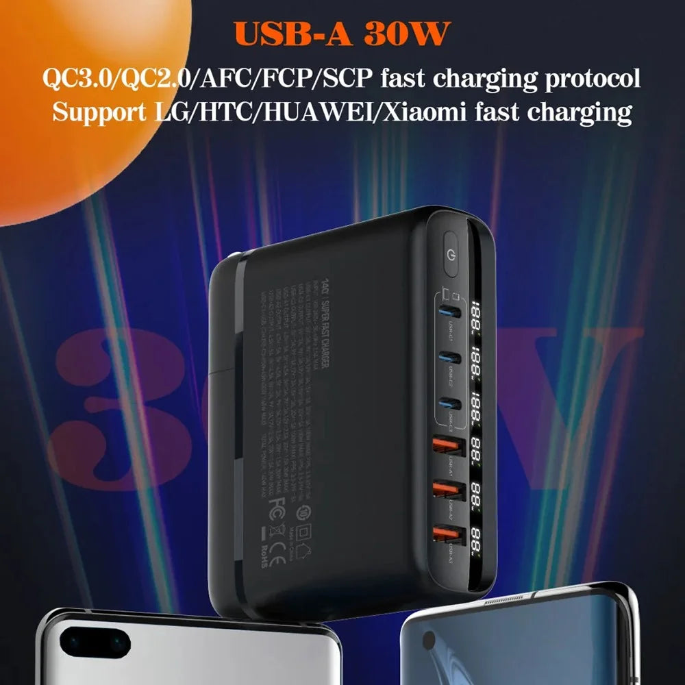 LDNIO A6140C 140W GaN Charger Digital Display 6 USB Ports Fast Charging Station with 3Pcs Replaceable Plugs for Laptop Phone - Black - 3