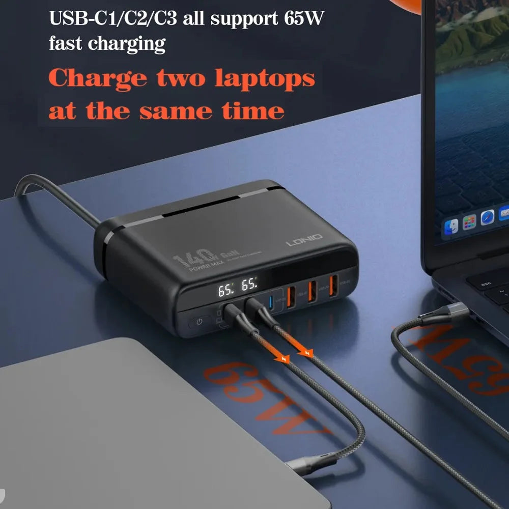 LDNIO A6140C 140W GaN Charger Digital Display 6 USB Ports Fast Charging Station with 3Pcs Replaceable Plugs for Laptop Phone - Black - 7