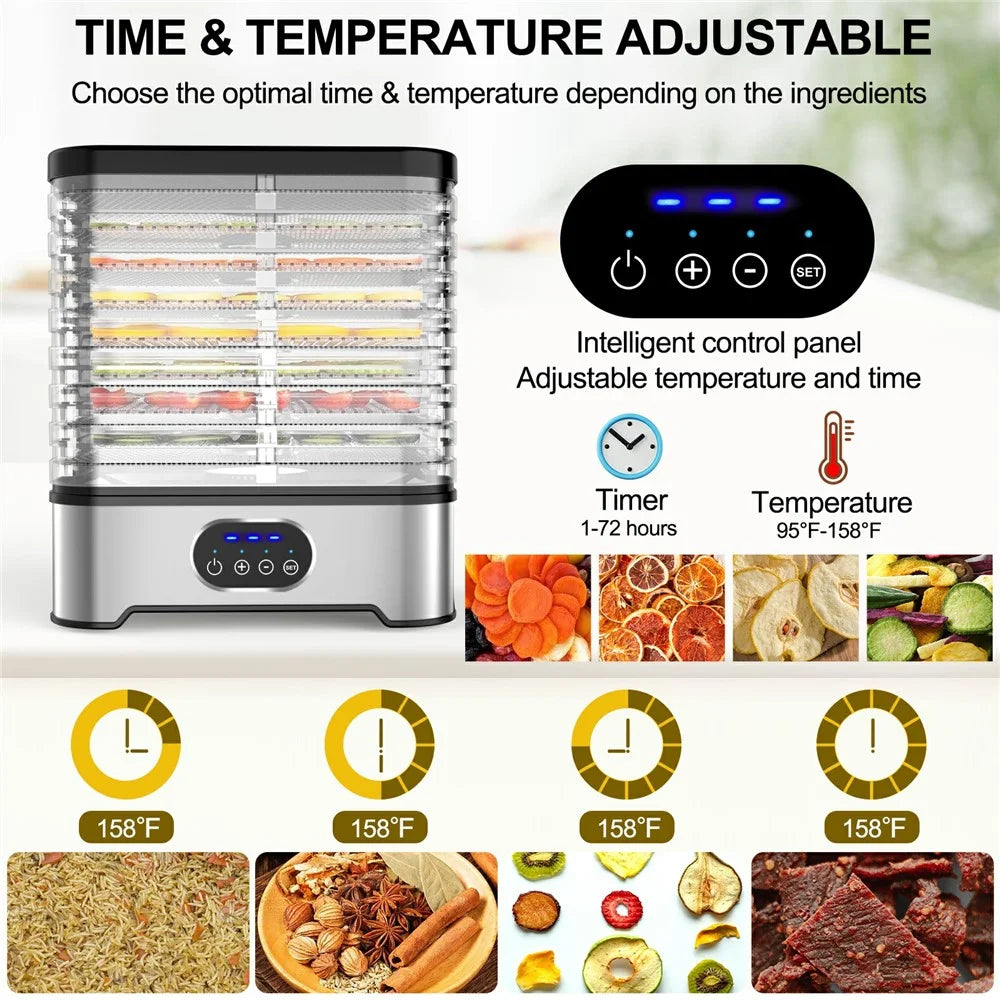 RZ-166 8-Layer Food Dehydrator 400W 95-158 Degree Fahrenheit Digital Food Dryer Machine (BPA Free, No FDA) - Silver / EU Plug - 4