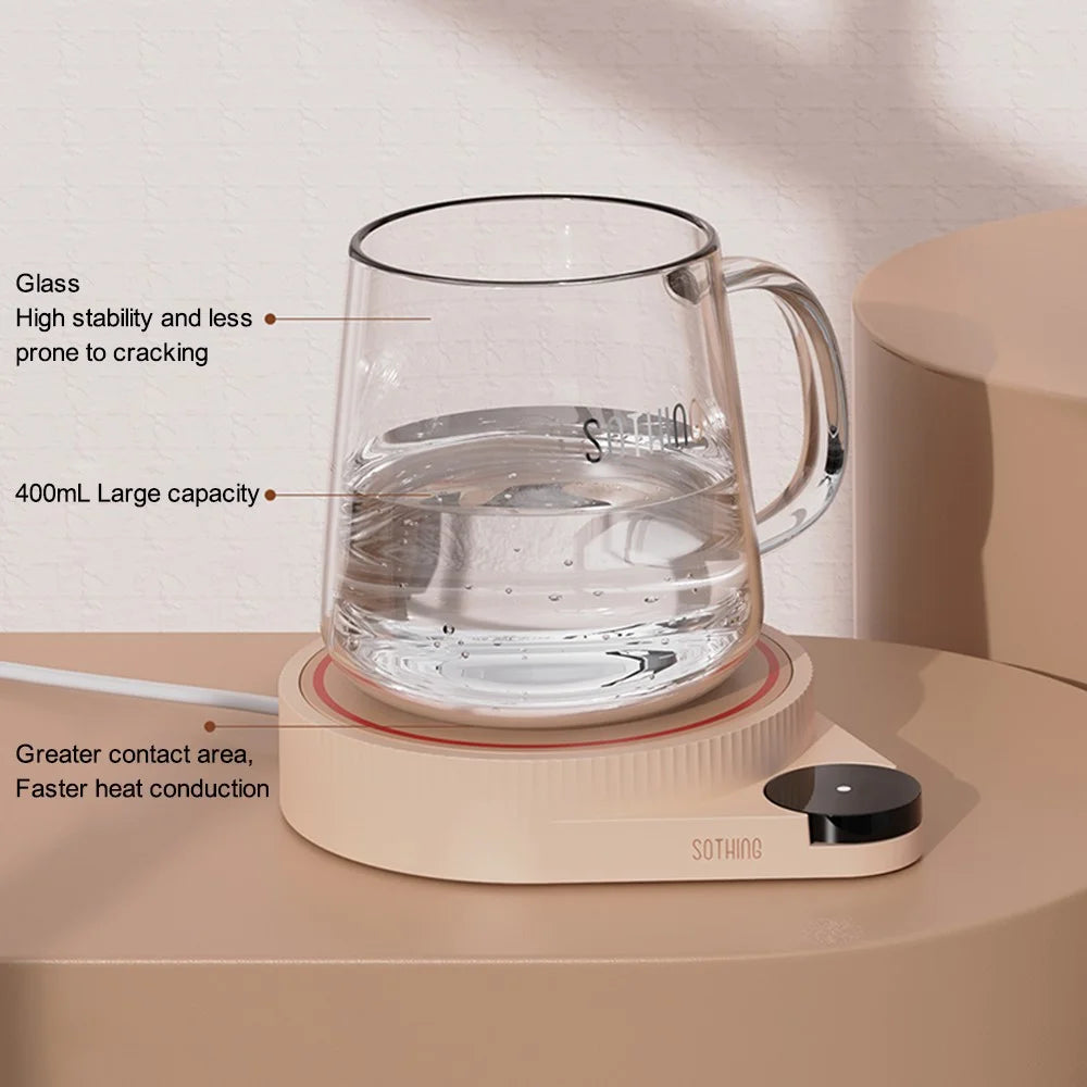 SOTHING Intelligent Digital Display Mug Heater Coaster Cup Warmer Milk Tea Heating Pad with 400ml Glass Cup, EU Plug (BPA Free, No FDA Certificate) - 7