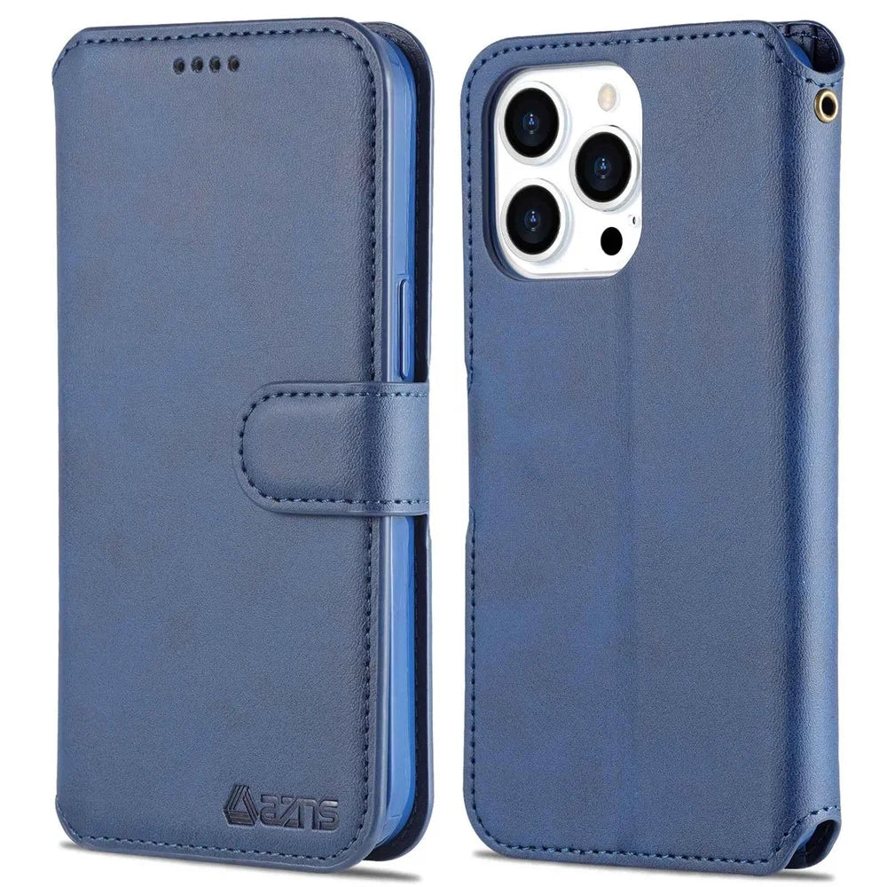 AZNS PU Leather Case for iPhone 14 Pro 6.1 inch, Full Protection Stand Wallet Magnetic Flip Folio Phone Cover - Blue - 1
