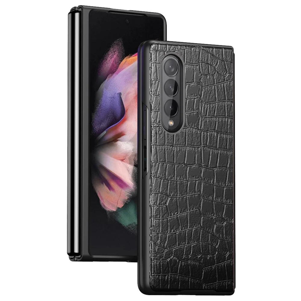 For Samsung Galaxy Z Fold4 5G Anti-Scratch Crocodile Texture PU Leather Coated Hard PC Phone Back Cover Case - Black - 1