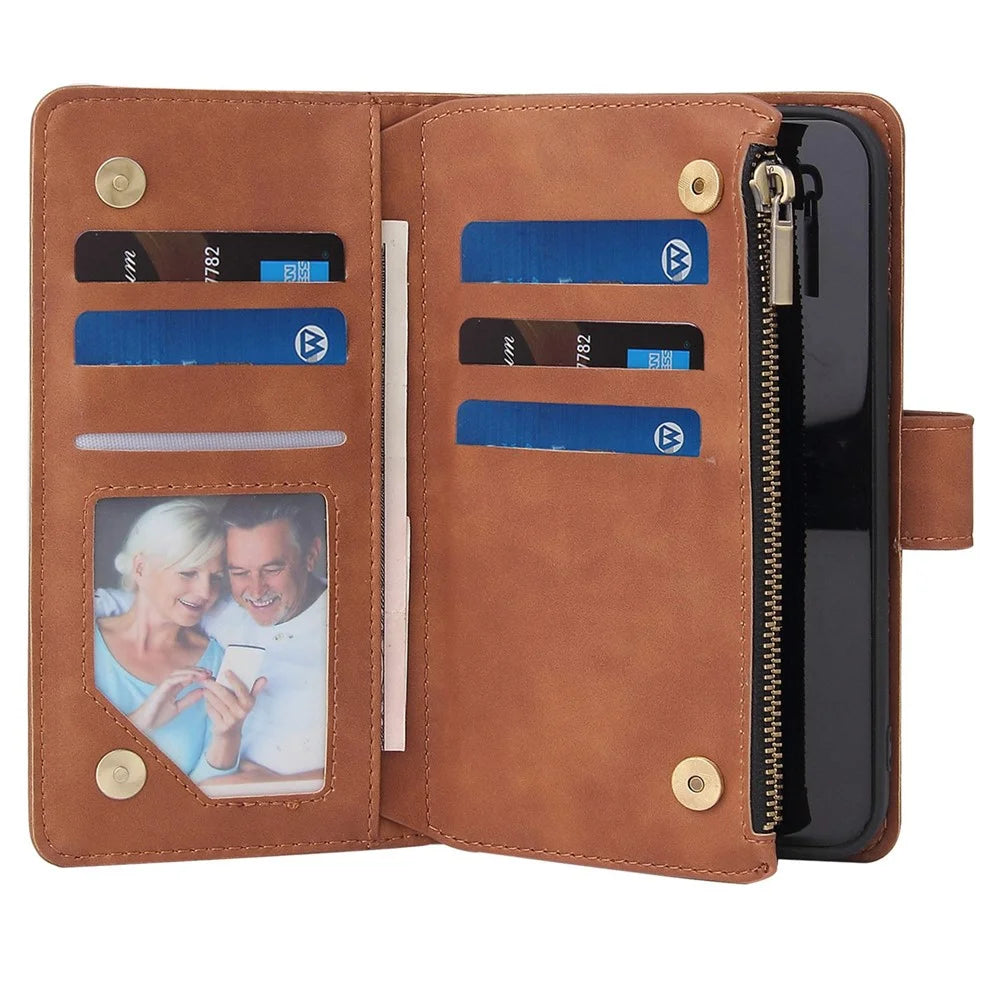 For iPhone 14 Plus 6.7 inch Drop-proof Zipper Pocket Phone Wallet Case with Multiple Card Slots Protective PU Leather Flip Cover Stand - Brown - 5
