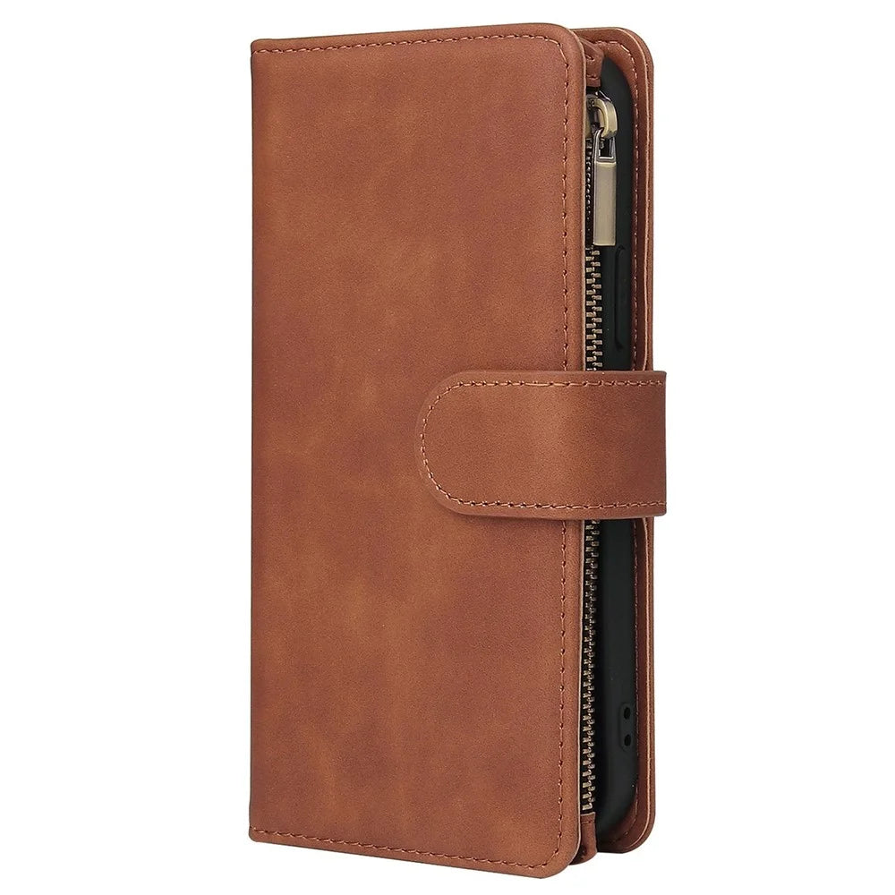For iPhone 14 Plus 6.7 inch Drop-proof Zipper Pocket Phone Wallet Case with Multiple Card Slots Protective PU Leather Flip Cover Stand - Brown - 6
