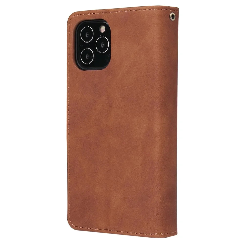 For iPhone 14 Plus 6.7 inch Drop-proof Zipper Pocket Phone Wallet Case with Multiple Card Slots Protective PU Leather Flip Cover Stand - Brown - 7