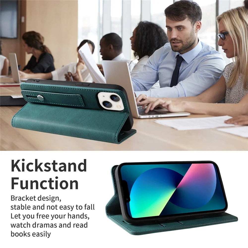 For iPhone 14 Pro 6.1 inch Full Protection Phone Flip Case Magnetic PU Leather Phone Wallet Cover Stand with Wristband - Green - 3
