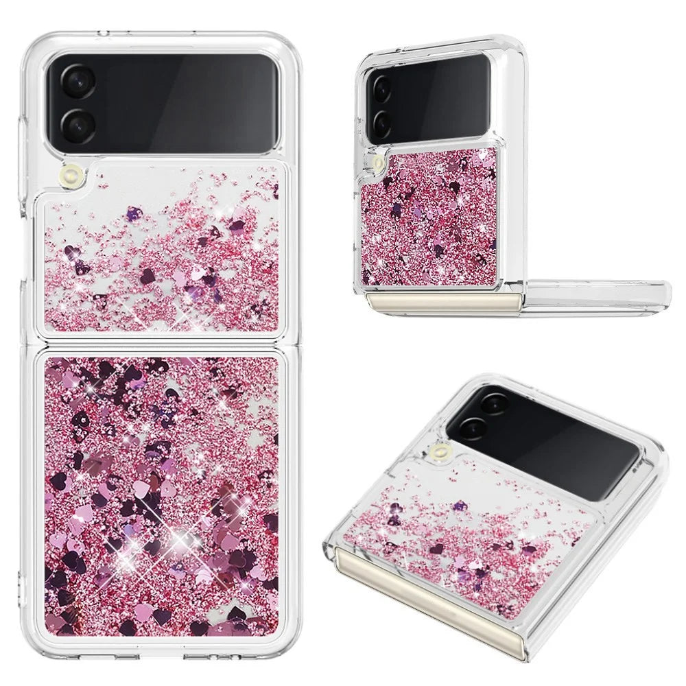 For Samsung Galaxy Z Flip4 5GTPU Case Glitter Quicksand Shockproof Phone Back Cover - Rose Gold / Hearts - 1
