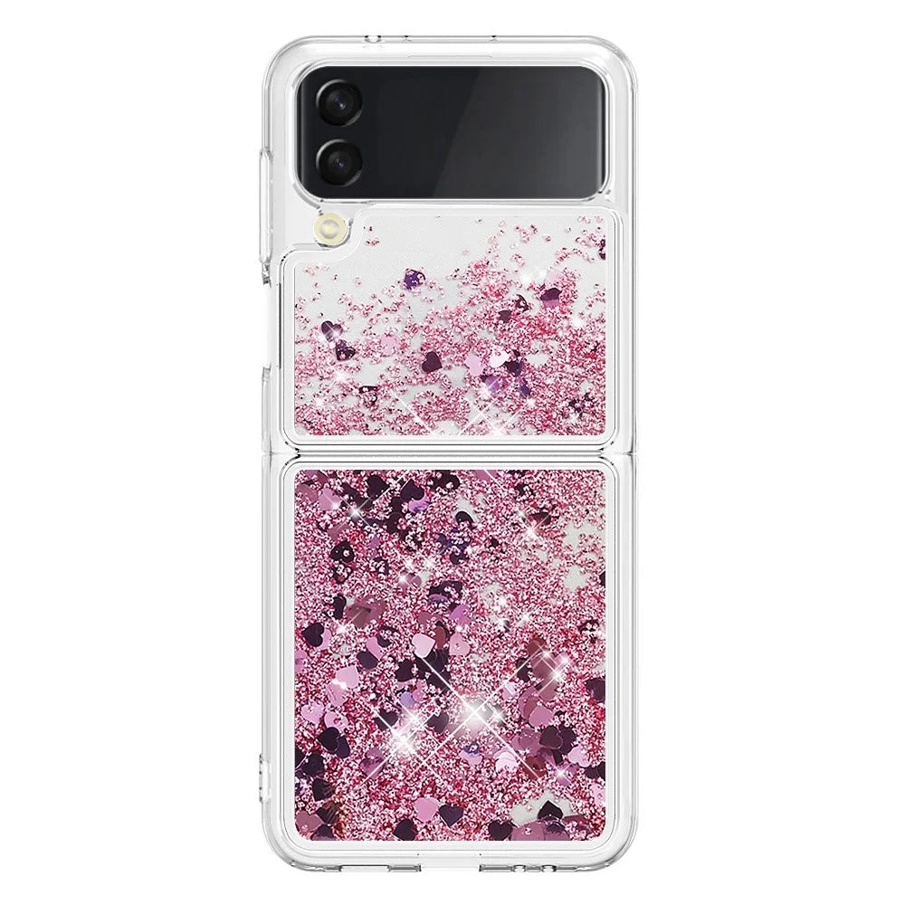 For Samsung Galaxy Z Flip4 5GTPU Case Glitter Quicksand Shockproof Phone Back Cover - Rose Gold / Hearts - 2