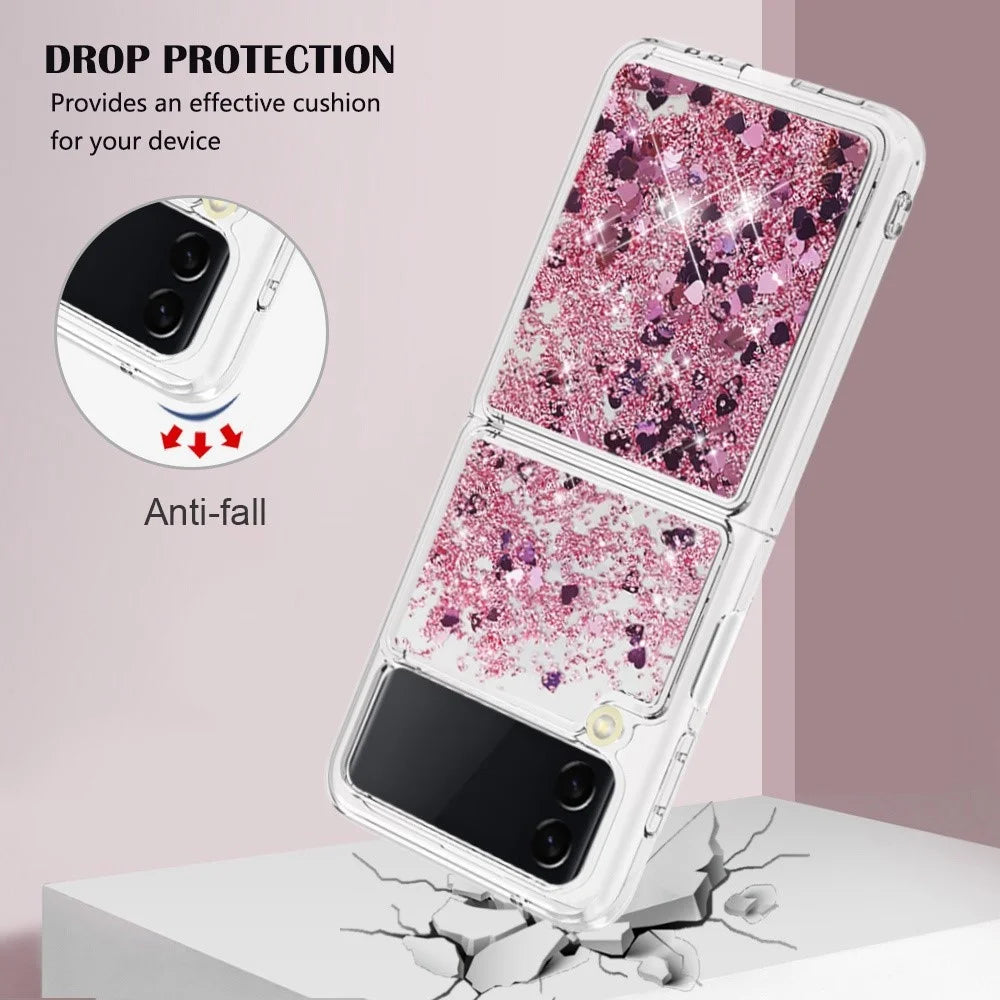 For Samsung Galaxy Z Flip4 5GTPU Case Glitter Quicksand Shockproof Phone Back Cover - Rose Gold / Hearts - 4