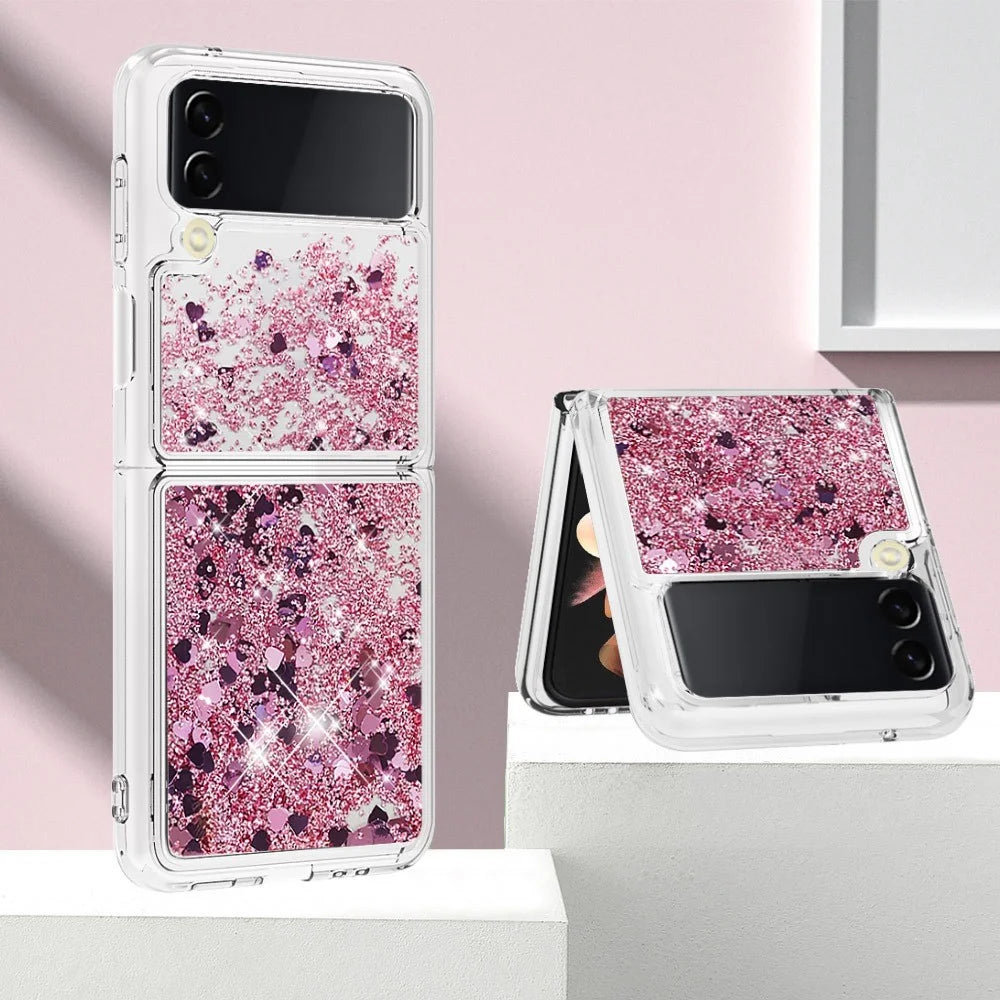 For Samsung Galaxy Z Flip4 5GTPU Case Glitter Quicksand Shockproof Phone Back Cover - Rose Gold / Hearts - 5