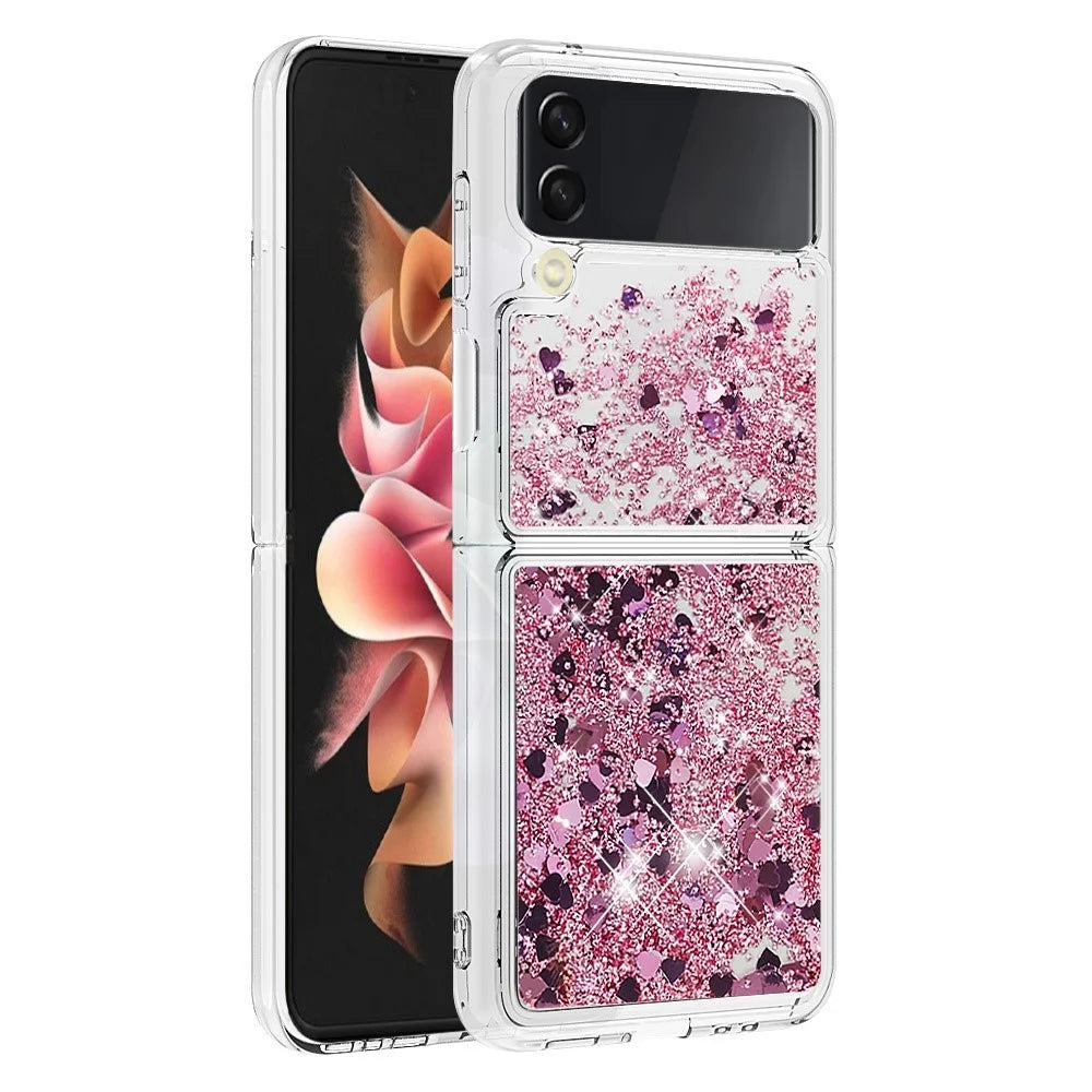 For Samsung Galaxy Z Flip4 5GTPU Case Glitter Quicksand Shockproof Phone Back Cover - Rose Gold / Hearts - 6