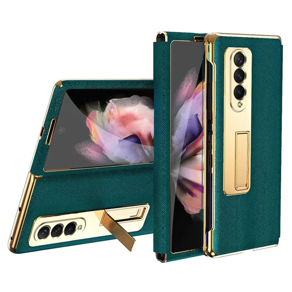 Anti-drop Back Cover For Samsung Galaxy Z Fold3 5G, Electroplating Cross Texture Phone Case Kickstand with Tempered Glass Film - Green - 1