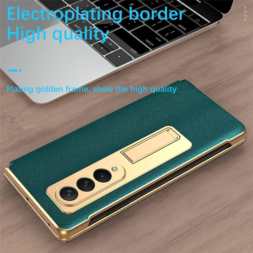 Anti-drop Back Cover For Samsung Galaxy Z Fold3 5G, Electroplating Cross Texture Phone Case Kickstand with Tempered Glass Film - Green - 4