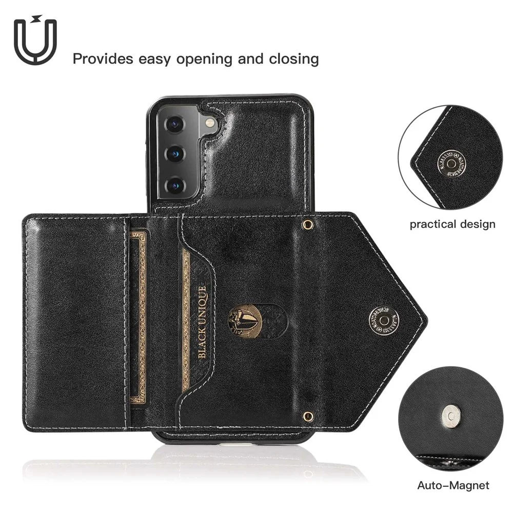 For Samsung Galaxy S22+ 5G Card Holder Kickstand Leather Coated TPU Case Crossbody Phone Bag Cover with Shoulder Strap - Black - 4