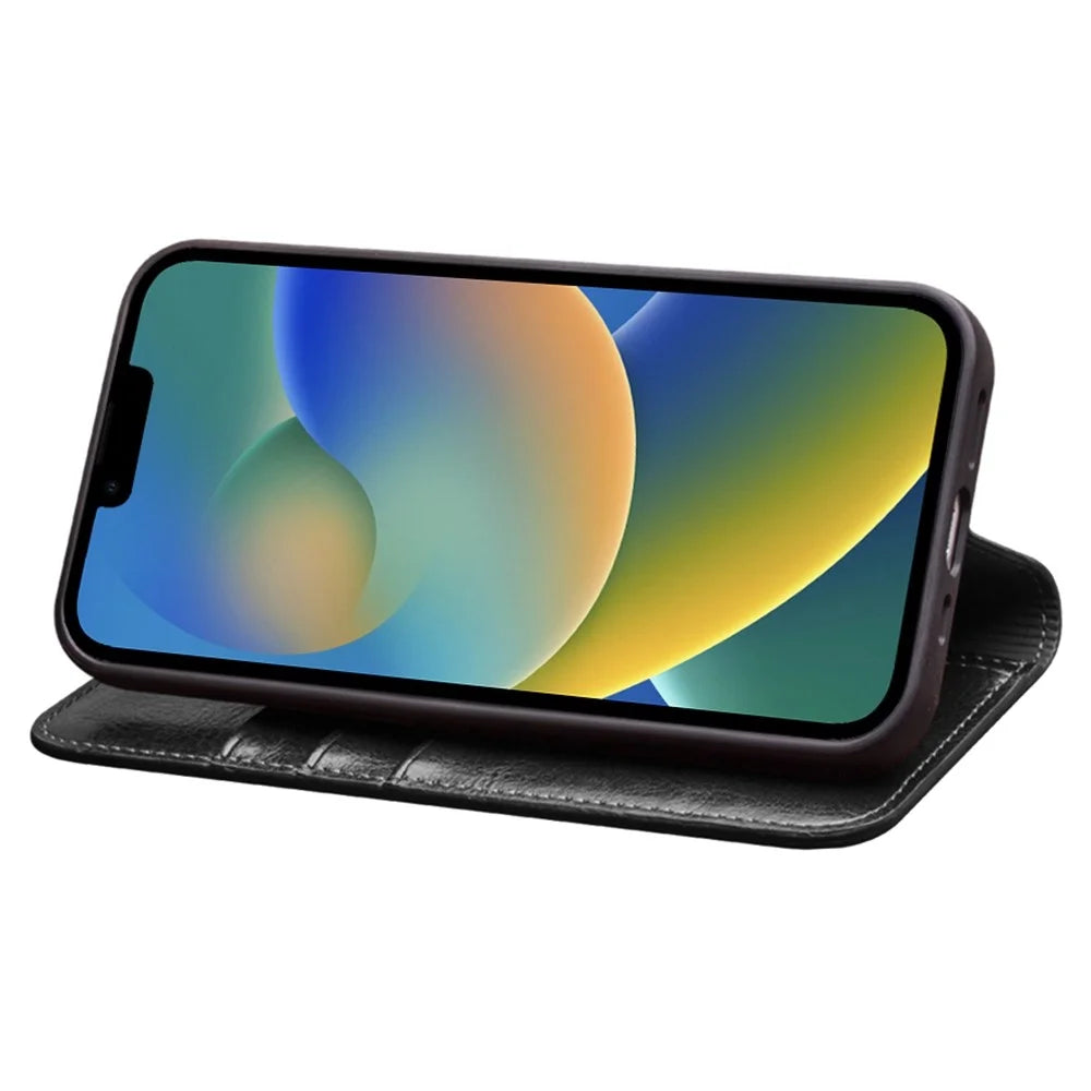 QIALINO For iPhone 14 6.1 inch Anti-fall Full Protection Phone Case Flip Stand Wallet Cover Genuine Leather Phone Shell with Card Holder - Black - 3