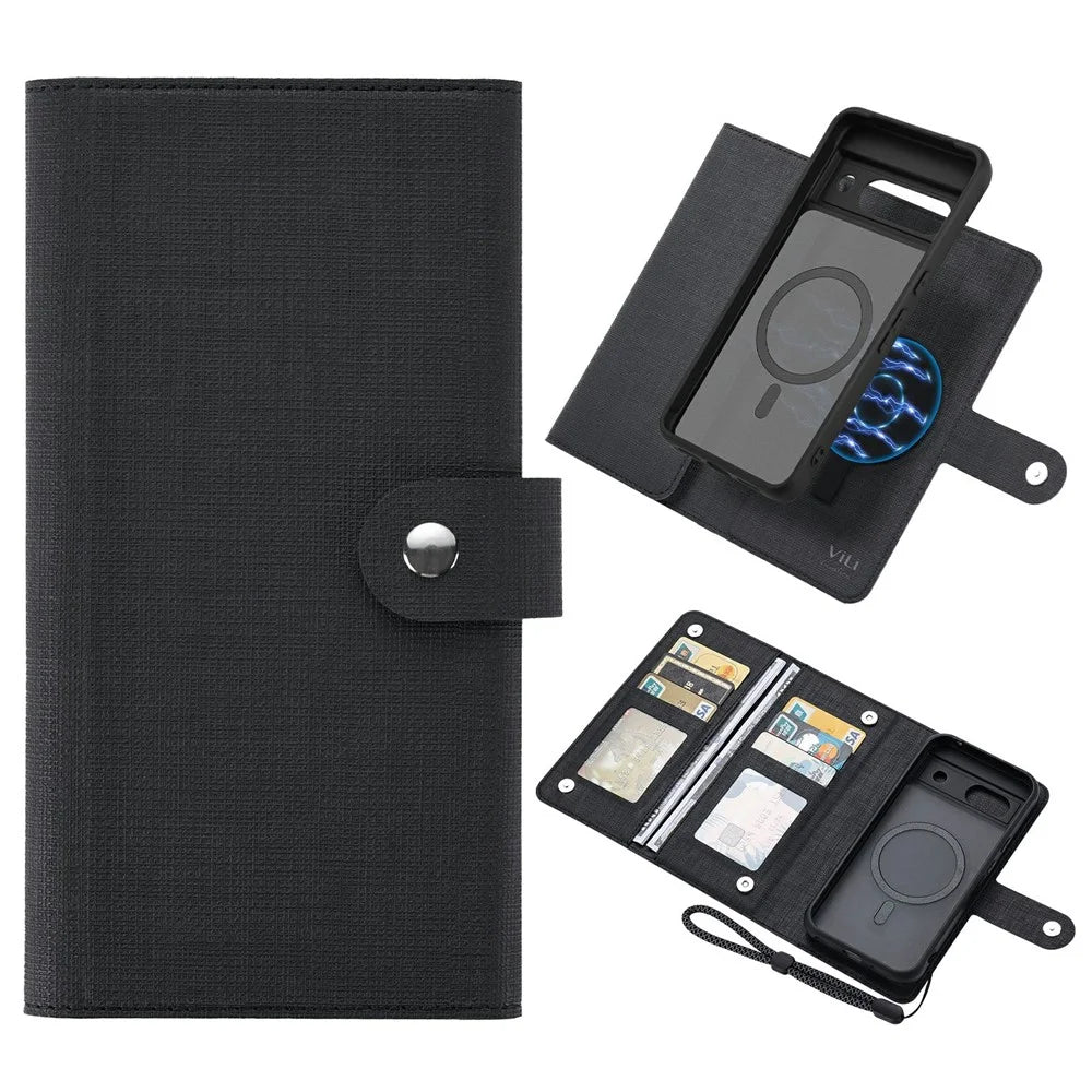 VILI GMA Series For Google Pixel 8a Magnetic Case RFID Blocking Wallet Detachable Leather Phone Cover - Black - 1