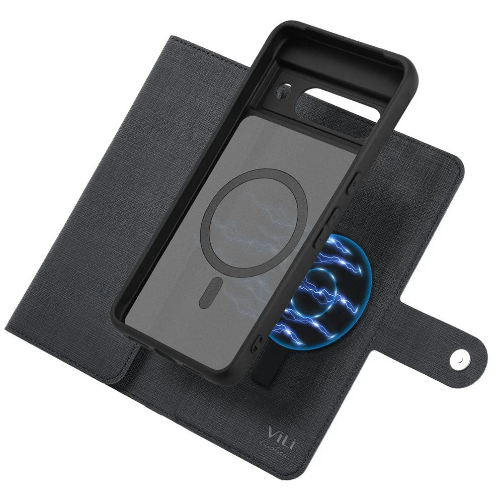 VILI GMA Series For Google Pixel 8a Magnetic Case RFID Blocking Wallet Detachable Leather Phone Cover - Black - 3