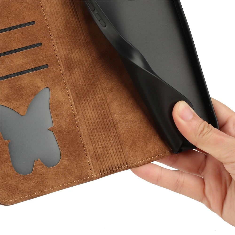For Samsung Galaxy S23 Case Butterfly Cat Imprinting Leather Folio Phone Cover - Brown - 6