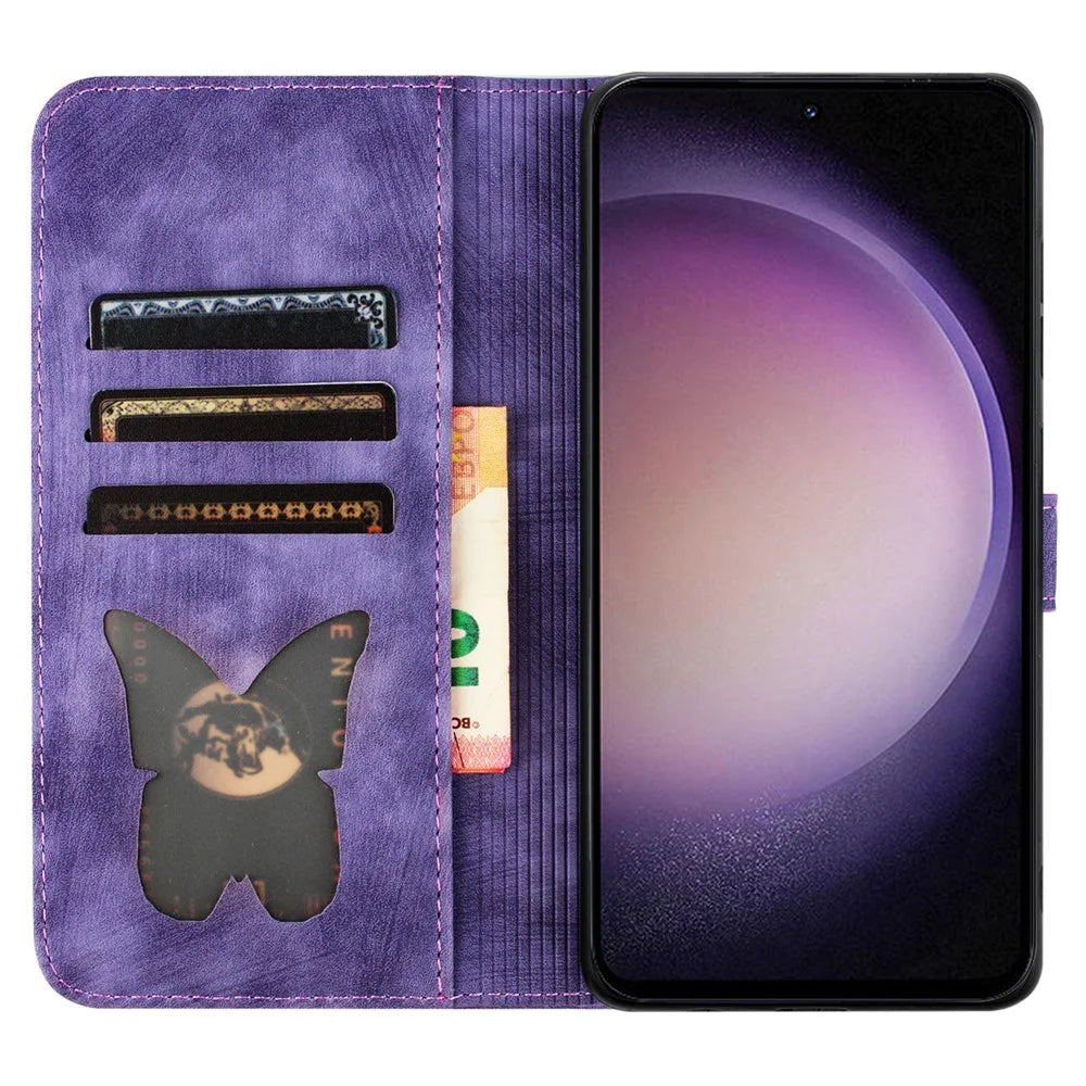 For Samsung Galaxy S25+ / S24+ Case Butterfly Cat Imprint Leather Phone Cover with Wallet Stand - Purple - 2