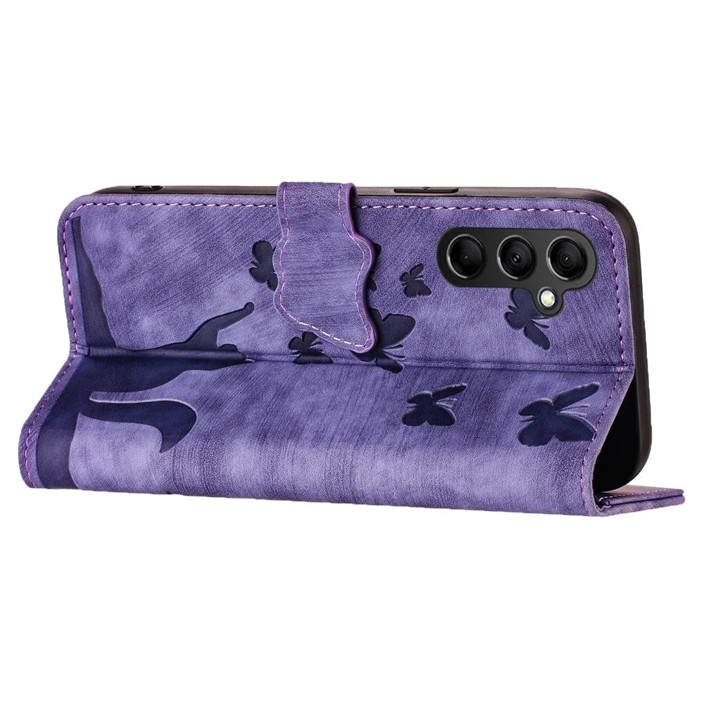 For Samsung Galaxy A24 4G (162.1 X 77.6 X 8.3mm) Leather Phone Case Butterfly Cat Imprint - Purple - 3