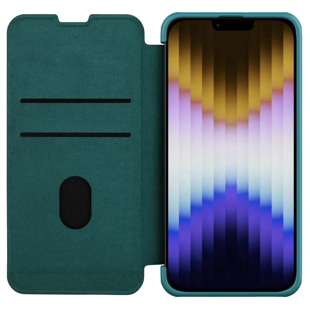 NILLKIN Qin Pro Series for iPhone 14 / iPhone 13 Full Protection Phone Case with Sliding Lens Cover PU Leather Phone Shell Card Holder - Green - 3