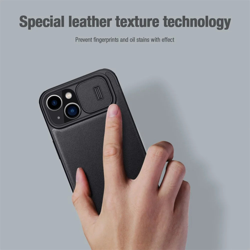 NILLKIN Qin Pro Series for iPhone 14 / iPhone 13 Full Protection Phone Case with Sliding Lens Cover PU Leather Phone Shell Card Holder - Green - 6