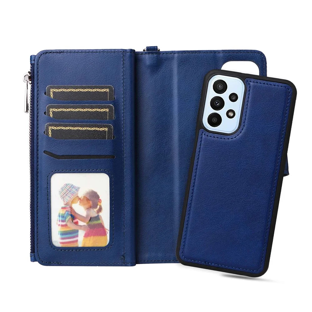 For Samsung Galaxy A23 5G (Global) / 4G Magnetic Leather Case Mobile Cover with Detachable Zipper Wallet Strap - Blue - 6
