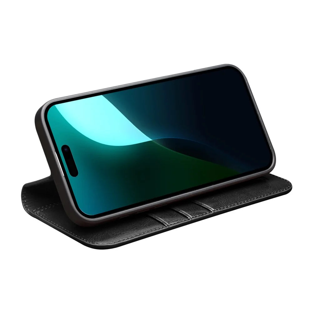 QIALINO For iPhone 16 Plus Case Card Holder Genuine Cow Leather Stand Phone Cover - Black - 2