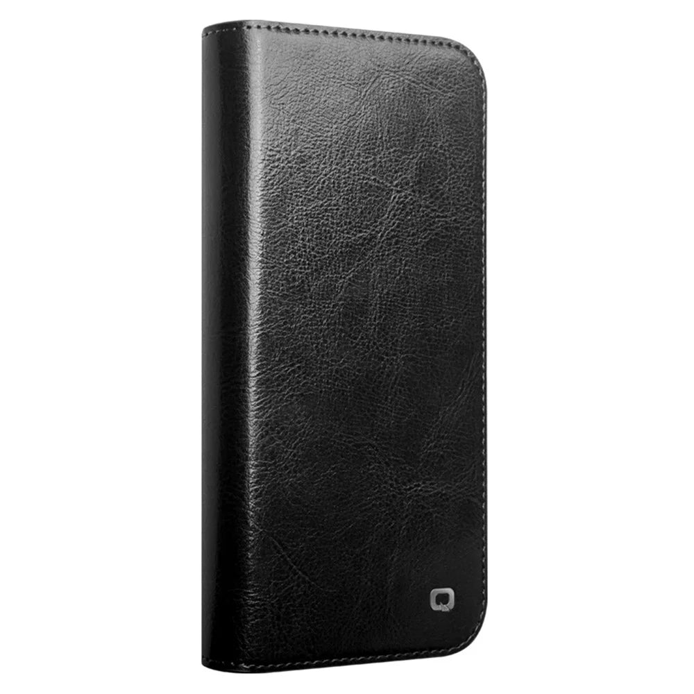 QIALINO For iPhone 16 Plus Case Card Holder Genuine Cow Leather Stand Phone Cover - Black - 4