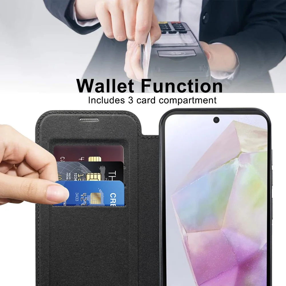 For Samsung Galaxy A35 5G Case Card Slot Rhombus Leather Phone Cover Magnetic Case - Black - 3