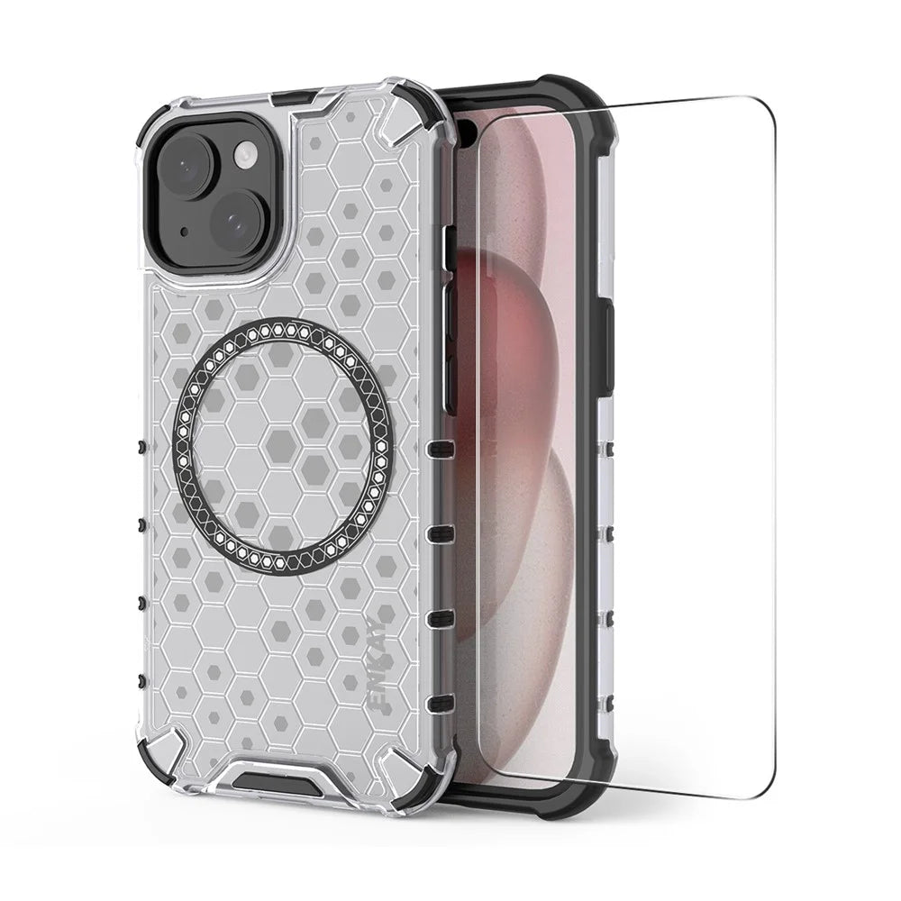 ENKAY HAT PRINCE For iPhone 15 Magnetic Case Honeycomb Design TPU+PC Phone Cover + Large Arc Edge Screen Protector - White - 1