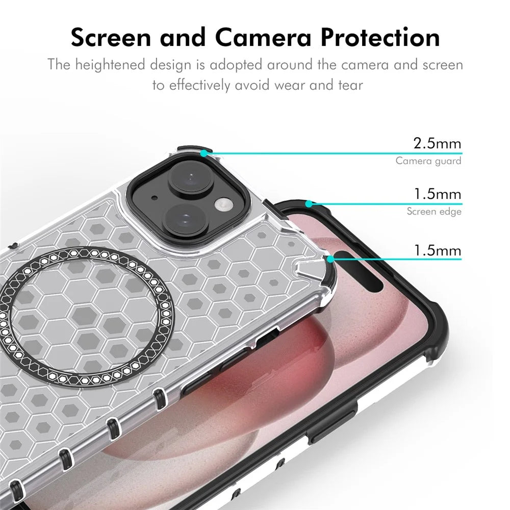 ENKAY HAT PRINCE For iPhone 15 Magnetic Case Honeycomb Design TPU+PC Phone Cover + Large Arc Edge Screen Protector - White - 3
