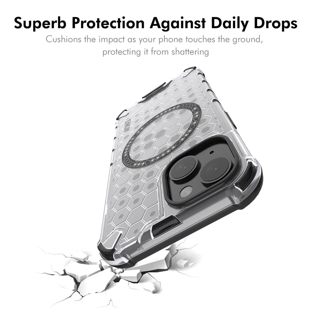 ENKAY HAT PRINCE For iPhone 15 Magnetic Case Honeycomb Design TPU+PC Phone Cover + Large Arc Edge Screen Protector - White - 5