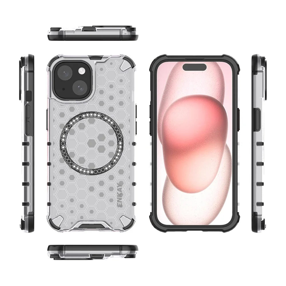 ENKAY HAT PRINCE For iPhone 15 Magnetic Case Honeycomb Design TPU+PC Phone Cover + Large Arc Edge Screen Protector - White - 6
