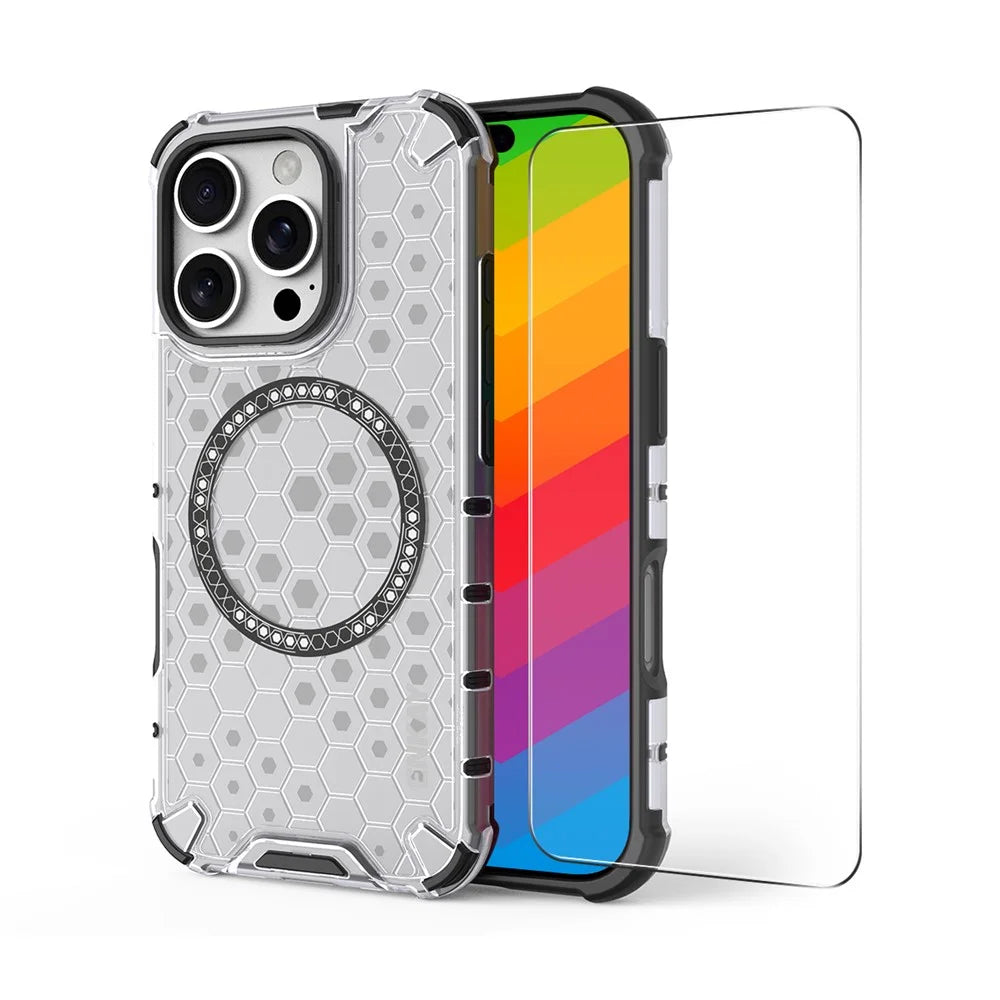 ENKAY HAT PRINCE For iPhone 15 Pro Magnetic Case Honeycomb Design TPU+PC Phone Cover + Large Arc Edge Screen Protector - White - 1