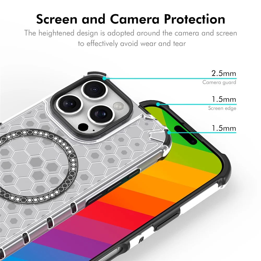 ENKAY HAT PRINCE For iPhone 15 Pro Magnetic Case Honeycomb Design TPU+PC Phone Cover + Large Arc Edge Screen Protector - White - 3