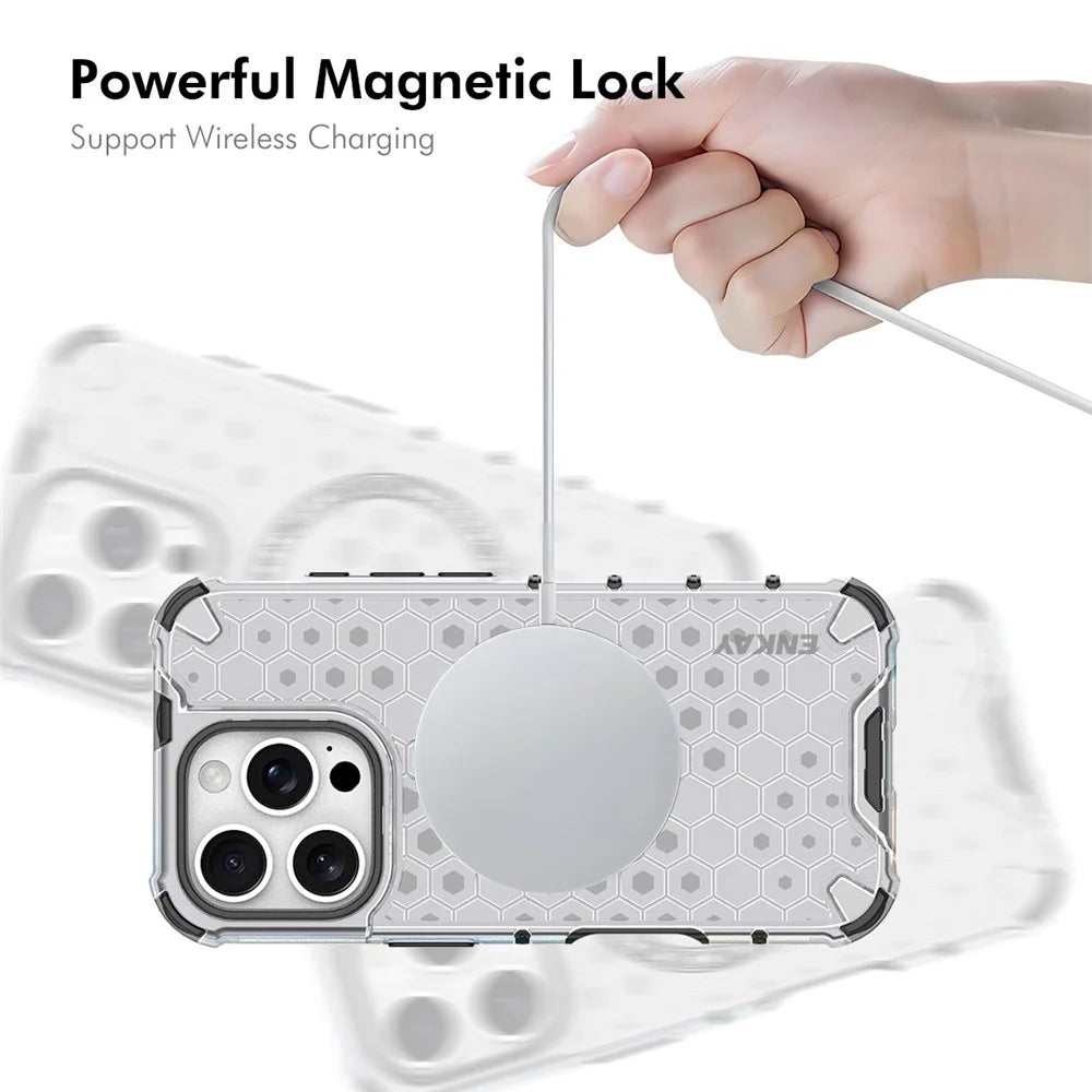 ENKAY HAT PRINCE For iPhone 15 Pro Magnetic Case Honeycomb Design TPU+PC Phone Cover + Large Arc Edge Screen Protector - White - 4