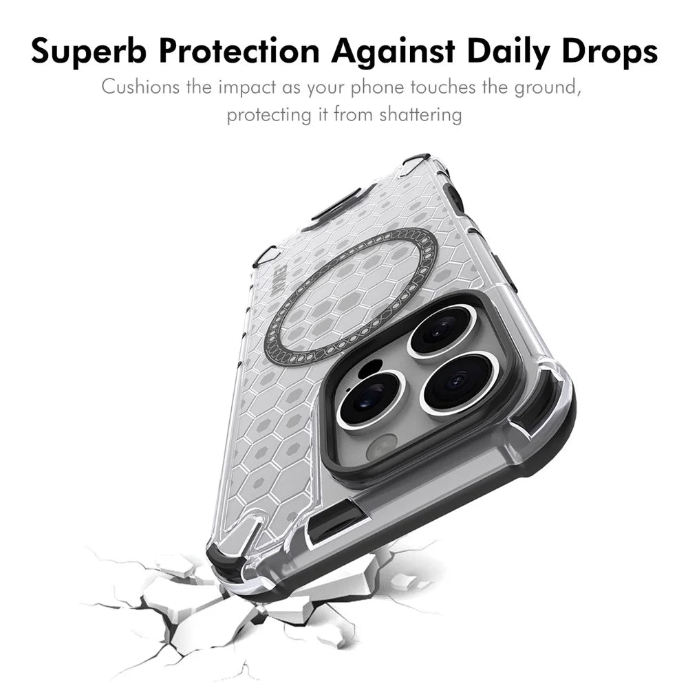 ENKAY HAT PRINCE For iPhone 15 Pro Magnetic Case Honeycomb Design TPU+PC Phone Cover + Large Arc Edge Screen Protector - White - 5