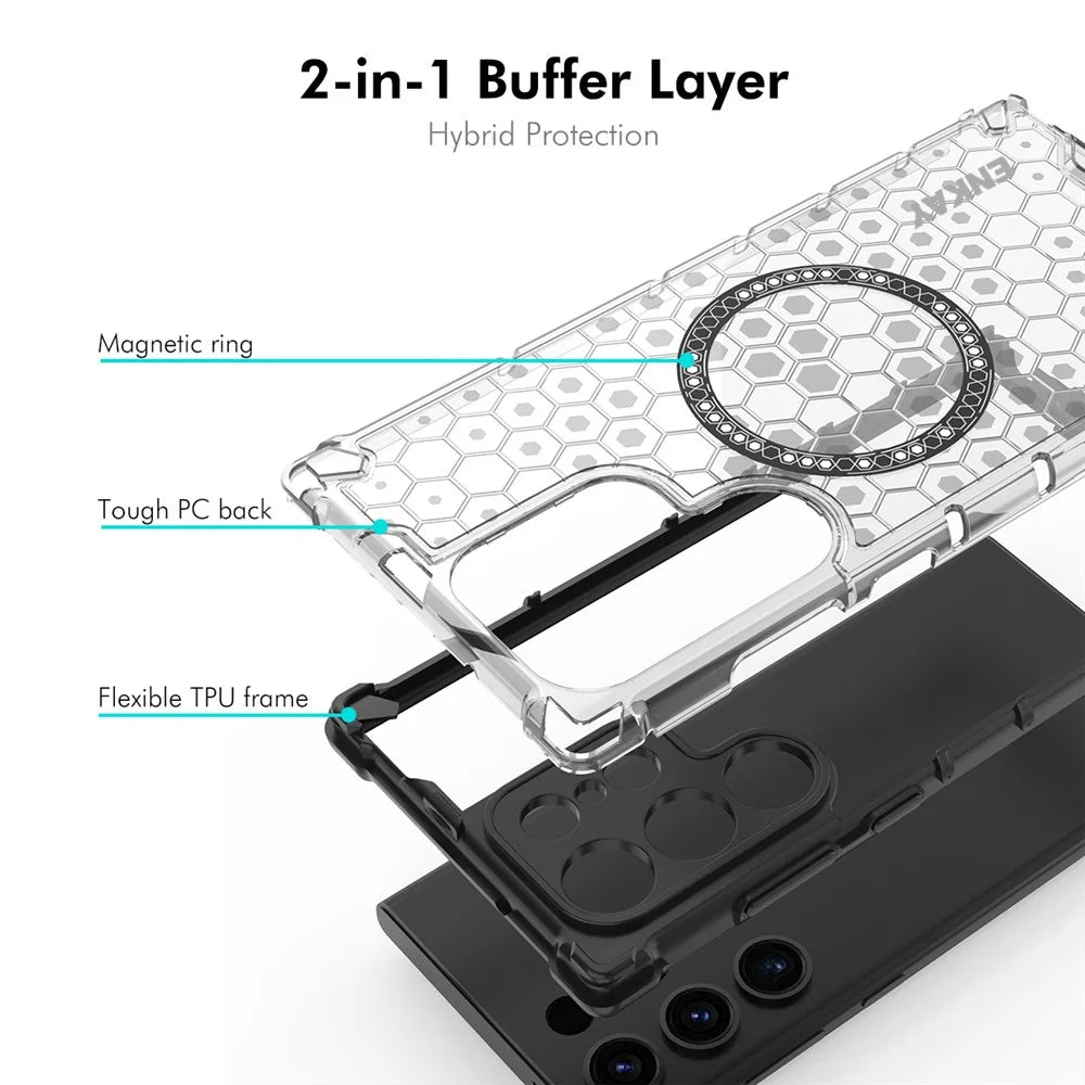 ENKAY HAT PRINCE For Samsung Galaxy S24 Ultra Magnetic Case Honeycomb Design TPU+PC Phone Cover + 0.18mm Screen Protector - White - 2