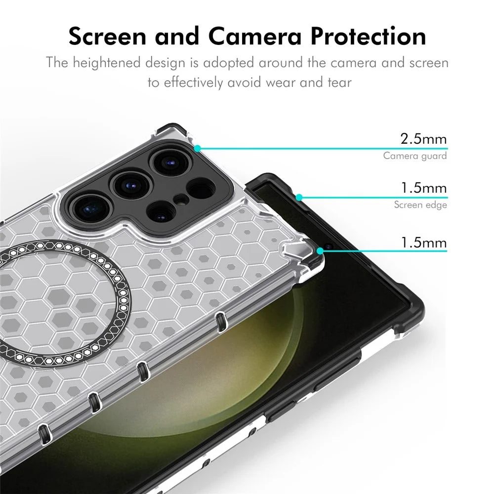 ENKAY HAT PRINCE For Samsung Galaxy S24 Ultra Magnetic Case Honeycomb Design TPU+PC Phone Cover + 0.18mm Screen Protector - White - 3
