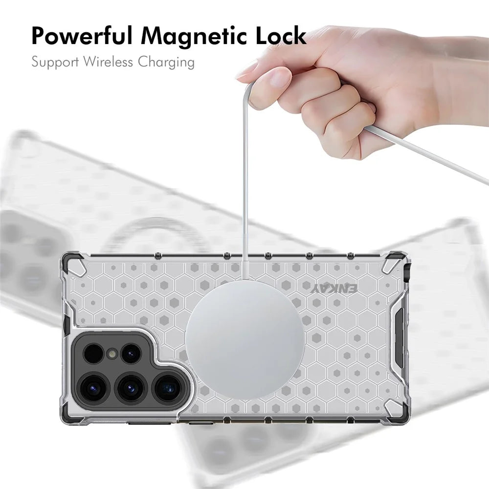ENKAY HAT PRINCE For Samsung Galaxy S24 Ultra Magnetic Case Honeycomb Design TPU+PC Phone Cover + 0.18mm Screen Protector - White - 4