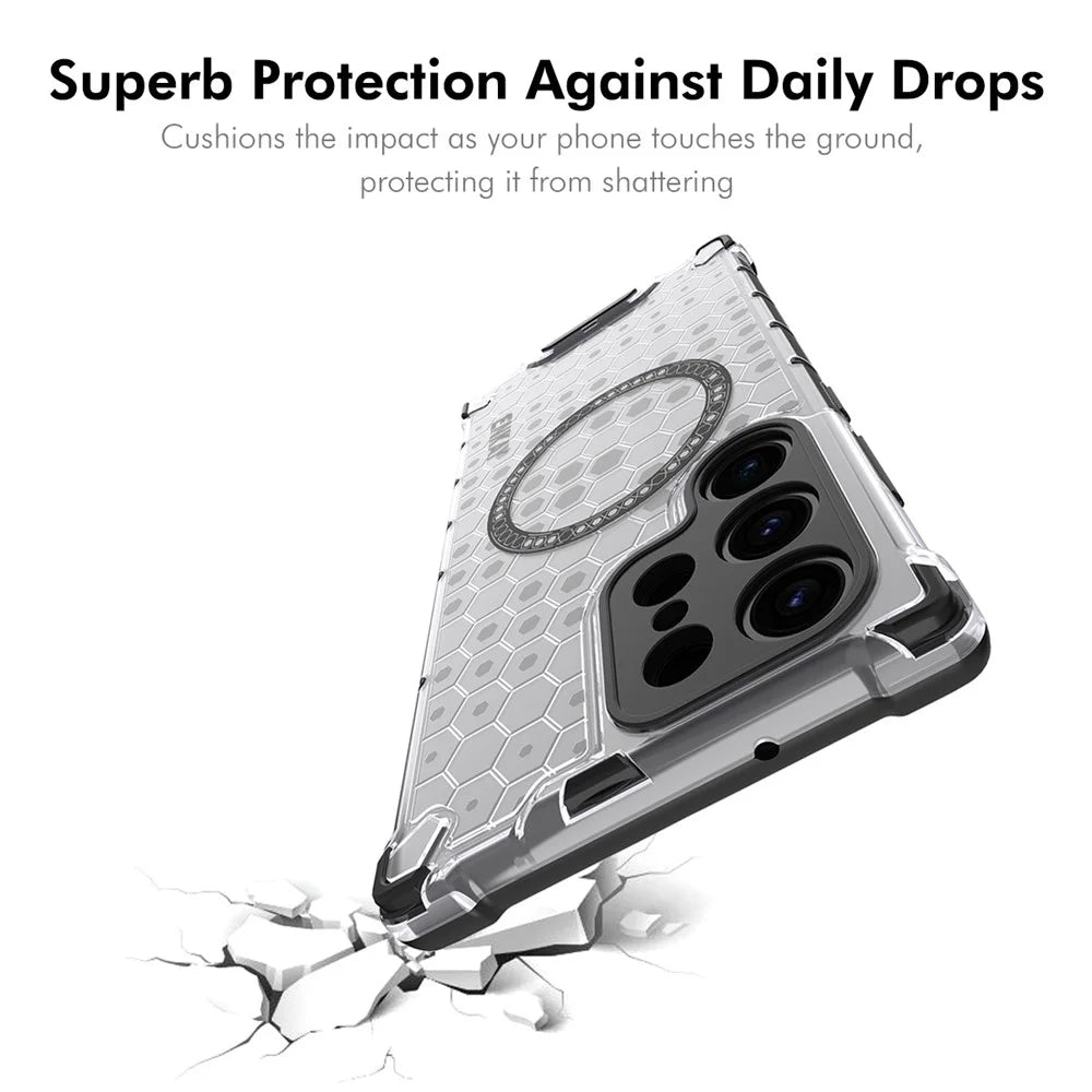 ENKAY HAT PRINCE For Samsung Galaxy S24 Ultra Magnetic Case Honeycomb Design TPU+PC Phone Cover + 0.18mm Screen Protector - White - 5