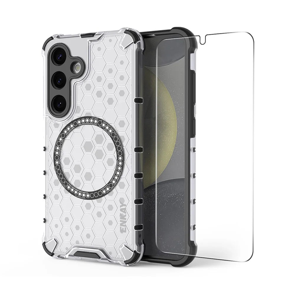 ENKAY HAT PRINCE For Samsung Galaxy S23 Magnetic Case Honeycomb Design TPU+PC Phone Cover + 0.18mm Screen Protector - White - 1