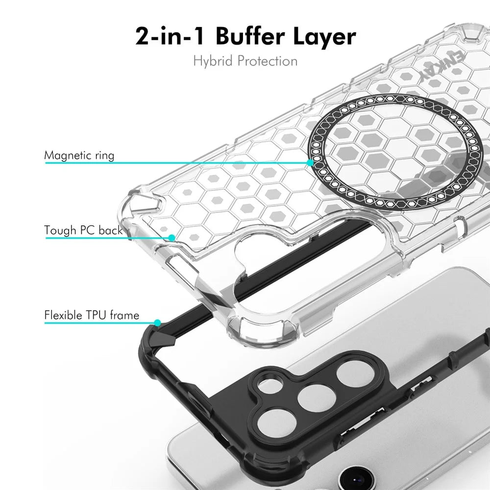 ENKAY HAT PRINCE For Samsung Galaxy S23 Magnetic Case Honeycomb Design TPU+PC Phone Cover + 0.18mm Screen Protector - White - 2