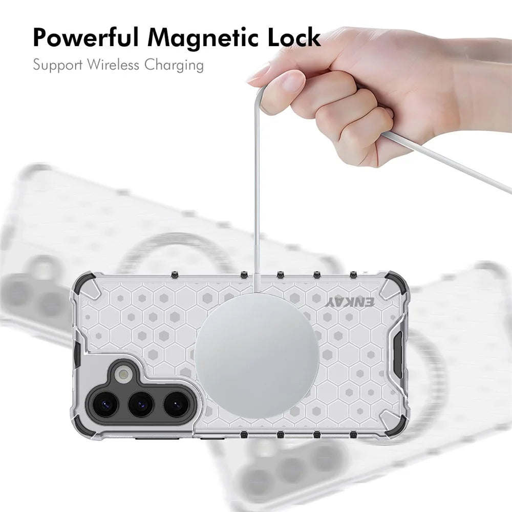 ENKAY HAT PRINCE For Samsung Galaxy S23 Magnetic Case Honeycomb Design TPU+PC Phone Cover + 0.18mm Screen Protector - White - 4