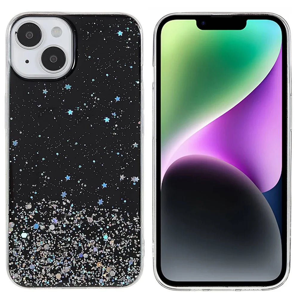 For iPhone 14 Starry Sky Epoxy Sparkle Personalized Phone Case Cover Soft TPU Shock Absorption Back Cover - Black - 1