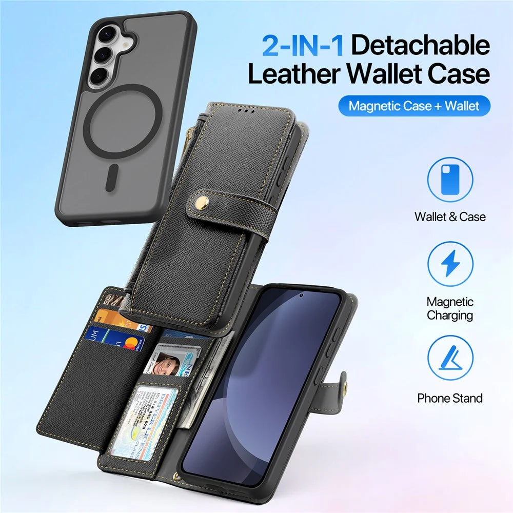 DUX DUCIS For Samsung Galaxy S25 Case Lawa Series Detachable Magnetic Cowhide Leather Cover Zipper Wallet - Black - 3
